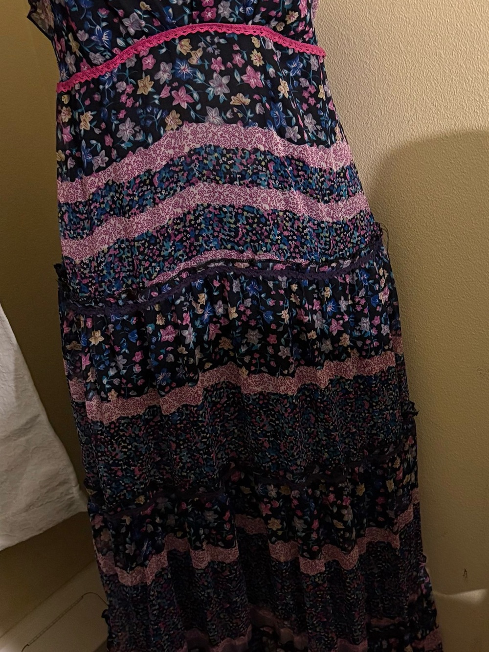 Patrons Of Peace Floral Tiered Maxi Dress in Bluish-Purplish and Pink